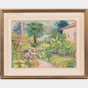 American or French School, 20th Century Two Colorful Garden Scenes: Tropical Landscape