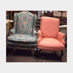 Two Queen Anne Style Upholstered Mahogany Easy Chairs.