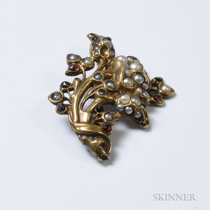 Antique Gilt-silver, Pearl, and Garnet Floral Brooch