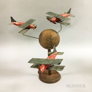 Carved and Painted Wood and Tin Biplane Whirligig