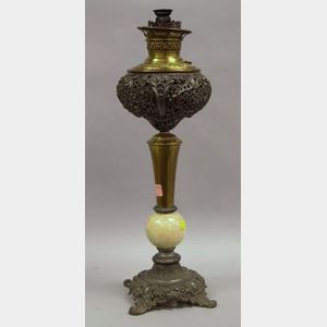 Victorian Cast Metal and Onyx Banquet Kerosene Table Lamp.