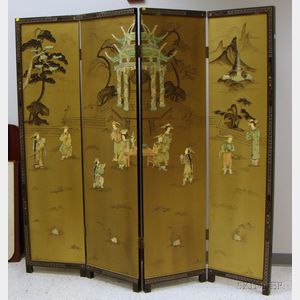 Asian Export Painted Carved Hardstone and Ivory Mounted Wood Four-Panel Floor Screen Depicting Figures in a Landscape