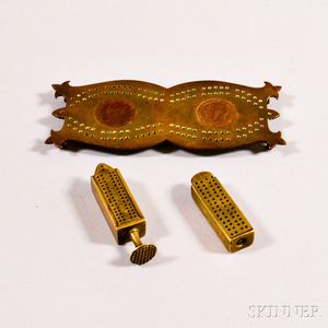 Two Miniature Brass Cribbage Boards and a Small Shaped Brass Board Inset with Coins