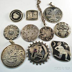 Ten Mexican Silver Brooches and Pendants