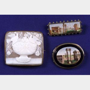 Two Antique Micromosaic Pins and Shell Cameo Brooch