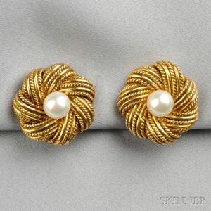 18kt Gold and Cultured Pearl Earclips, Tiffany & Co.