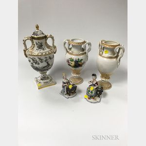 Pair of Sevres-style Porcelain Urns and Two Pairs of Meissen Urns