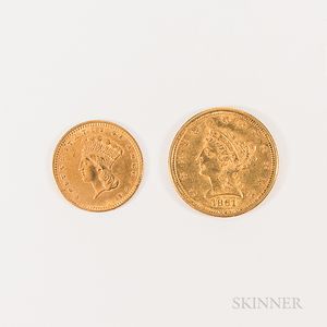 1861 New Reverse $2.50 Liberty Head Gold Coin and an 1857 Gold Dollar. 