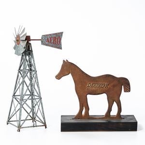 Cast Iron Bob-tail Horse Windmill Weight and Miniature Tin Aero Windmill