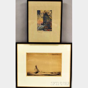 Two Framed Etchings on Sailing Themes: Nell Brooker Mayhew (American, 1876-1940) Homeward Bound