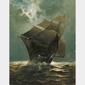 Attributed to Edward Moran (American, 1829-1901) Ship Under Sail in the Moonlight.