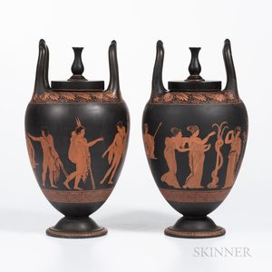 Pair of Encaustic Decorated Black Basalt Vases and Covers