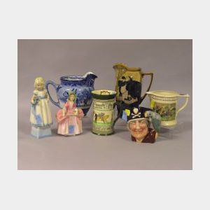 Four Royal Doulton Transfer Decorated Ceramic Jugs, Two Figures, and a Character Jug