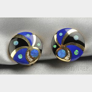 14kt Gold, Hardstone, and Diamond Earclips, Asch Grossbardt