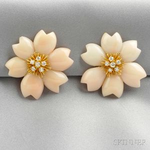 18kt Gold, Coral, and Diamond Flower Earclips