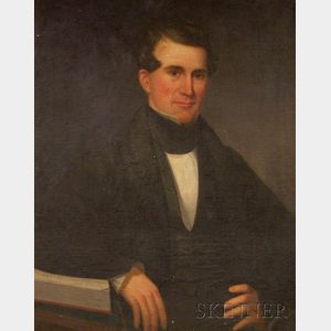 19th Century American School Oil on Canvas Portrait of a Gentleman Leaning on a Book