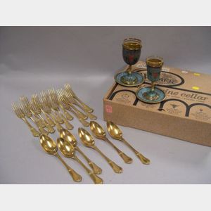 Set of Israeli Wine Cups and Saucers and a Set of Thirteen Russian Gilt Sterling Forks and Six Spoons.
