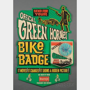 Green Hornet/Burry Cookies Molded Plastic and 3D Lenticular Vari-Vue Motion Bike Badge Retail Promotional Panel