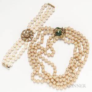 Triple-strand Cultured Pearl Bracelet and a Faux Pearl Necklace