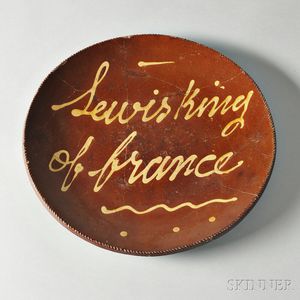 Large Redware Plate with Yellow Slip Inscription "Lewis King of France,"