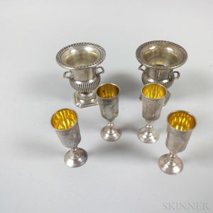 Pair of Sterling Silver Cigarette Urns and a Set of Four Cordials. 
