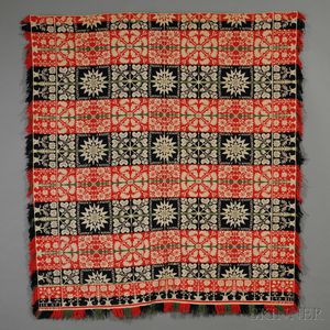 Three-color Woven Wool and Cotton Tied Beiderwand Coverlet with Alphabet Motif