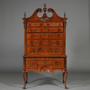 Carved Walnut and Walnut Veneer Inlaid High Chest of Drawers