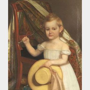 American School, 19th Century Portrait of a Child Holding a Hat and Buggy Whip.