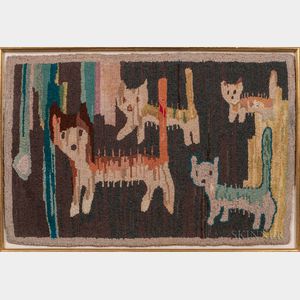 Wool Hooked Rug with Four Cats