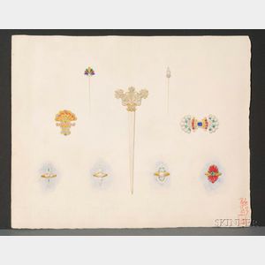 Lot of Thirteen Drawings Attributed to C.L. Wright (American, 19th/20th Century) Edwardian and Art Nouveau Jewelry Designs