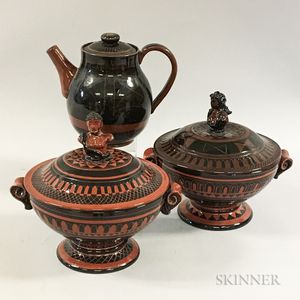 Two Glazed Redware Pottery Covered Tureens and a Teapot Attributed to Cornelia Foster