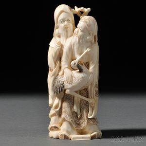 Ivory Okimono of Two Immortals with a Crane
