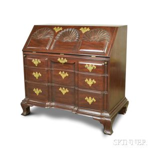 Chippendale-style Shell-carved Mahogany Block-front Slant-lid Desk
