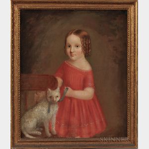 American School, 19th Century Portrait of a Girl in a Red Dress with a Cat