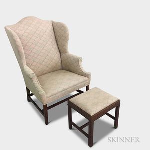 George III Upholstered Mahogany Wing Chair and a Footstool