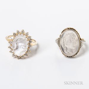 Two 14kt Gold and Carved Moonstone Rings