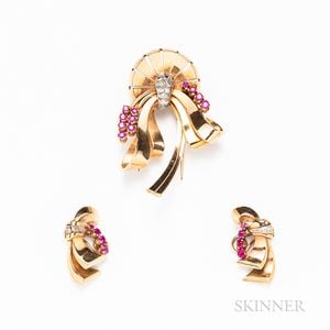 Retro Gold, Diamond, and Ruby Brooch and Earclip Set