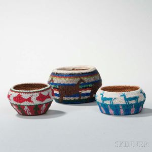 Three Pictorial Beaded Baskets
