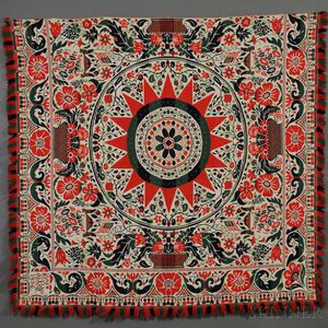 Three-color Woven Wool and Cotton Coverlet with Basket of Flowers Motif