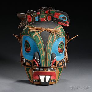 Contemporary Northwest Coast Polychrome Carved Wood Mask