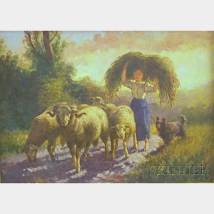 Continental School, 20th Century Portrait of a Shepherdess and Sheep.