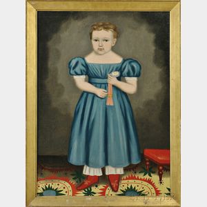 Erastus Salisbury Field (American, 1805-1900) Portrait of a Blond-haired Child Wearing a Blue Dress Holding a Watch, Standing on a Patt
