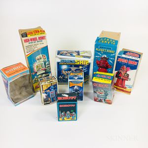 Eight Wind-up Plastic Robot Toys and Original Boxes