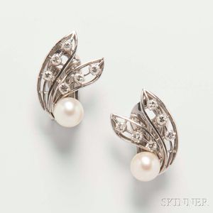 14kt White Gold, Diamond, and Cultured Pearl Earclips