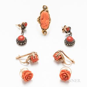 Three Pairs of Coral Earrings and a Carved Coral Cameo Ring