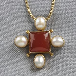 22kt Gold, Sterling Silver, Carnelian, and Pearl Pendant