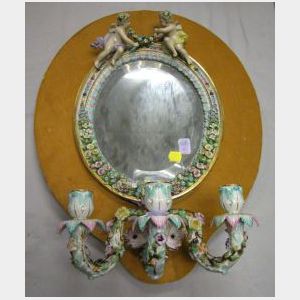 Dresden Porcelain Framed Mirror with Three-Arm Sconce.