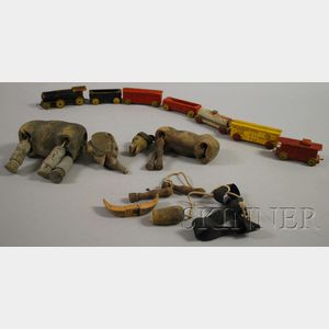 Seven-piece Painted Wood Toy Train and Two Painted Wood Animal Marionettes