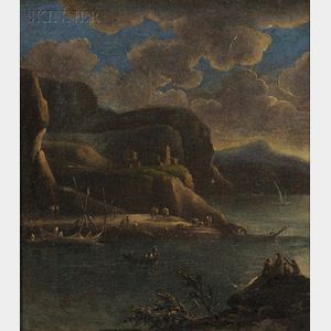French School, 19th Century Nocturnal Shore View of Fishing Boats by a Coast with Cliffs