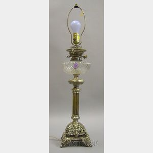 Victorian Silver Plated and Colorless Molded Glass Kerosene Banquet Lamp